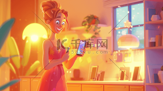 智能手机科技插画图片_一个开心玩手机的女孩插画