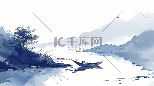 写意植物插画图片_山涧湖泊中的小船插画