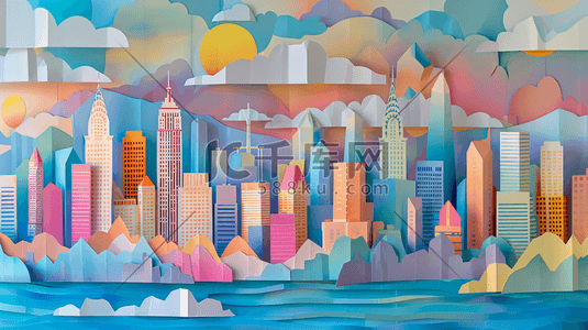 美国金融插画图片_纽约市中心高楼大厦剪纸插画