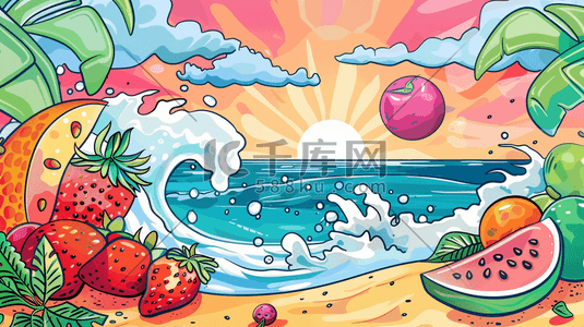 夏季冷饮水果插画图片_夏日鲜果与海滩插画