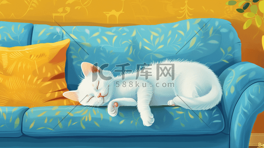 沙发躺插画图片_躺在沙发上的睡觉的白猫插画