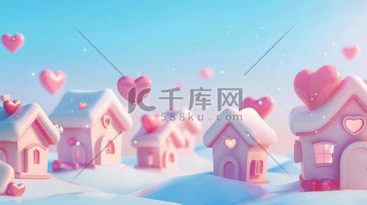 粉色心形爱心插画图片_雪地上粉色小房子和心形气球插画