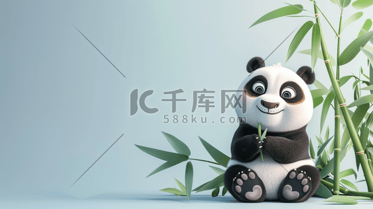黑白插画图片_可爱的熊猫吃竹子插画