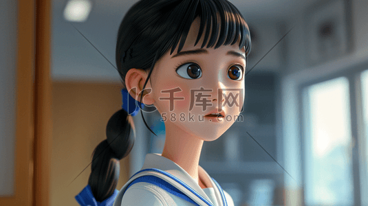 韩国屋角插画图片_一个3D年轻可爱的小女生插画