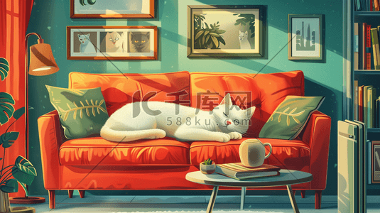 沙发躺插画图片_躺在沙发上的睡觉的白猫插画