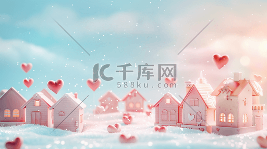雪积雪插画图片_雪地上粉色小房子和心形气球插画