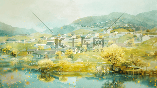 平原插画图片_山边湖泊旁的小乡村插画