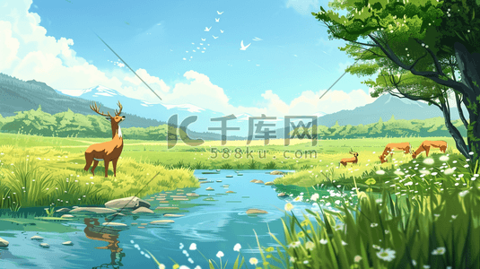 绿树动物插画图片_森林青青草原上的小河流插画