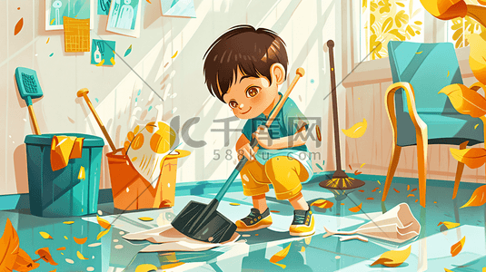 打扫家务插画图片_打扫房间的小男孩插画14