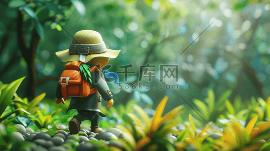 3d植物插画图片_3D背着背包在丛林中探险的人插画