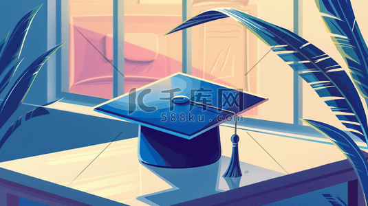 毕业帽插画图片_绘画毕业季室内桌面上博士帽的插画