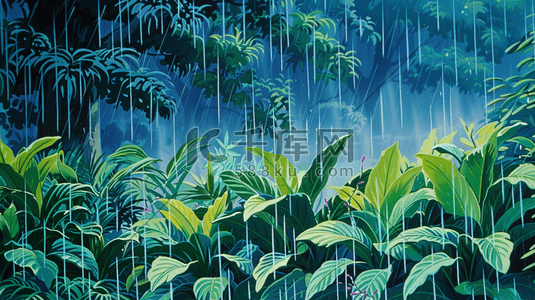 棕榈叶插画图片_雨中茂密的丛林插画