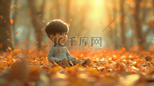 儿童插画图片_3D坐在森林落叶地面上的小男孩插画