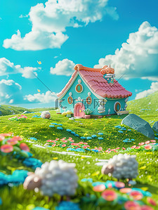 蓝天白云可爱小房子草原插图