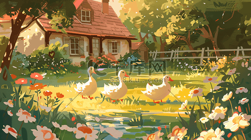 花园院子中的鸭子插画1