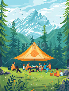 家庭露营帐蓬森林插画设计