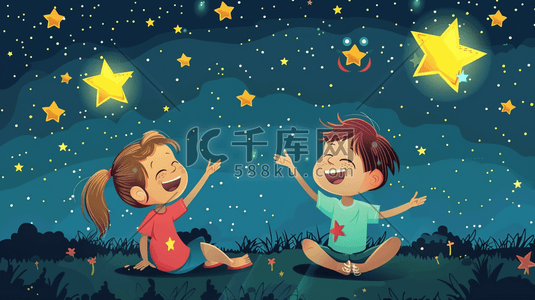 两个小人鞠躬插画图片_草地上观赏夜空星星的两个小孩插画