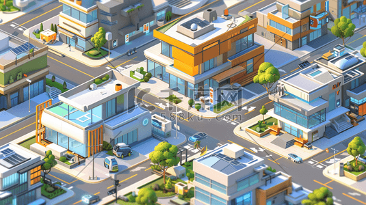 3D微型城市建筑模型插画