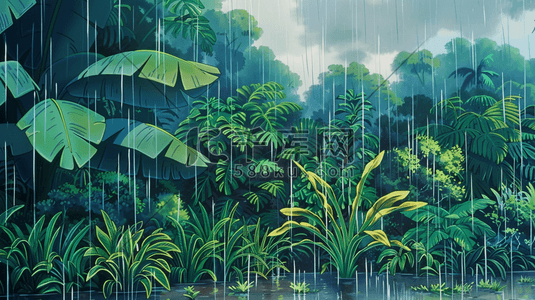 绿中插画图片_雨中茂密的丛林插画