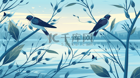 小鸟绿叶插画图片_春天湖泊旁枝叶上的小鸟插画