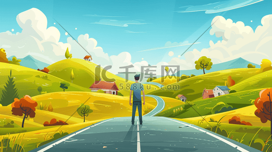 蓝天下蜿蜒的乡村公路插画