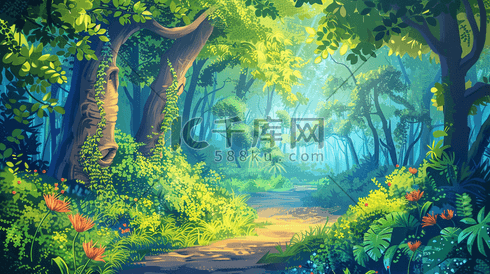 夏季雨林中的小道插画