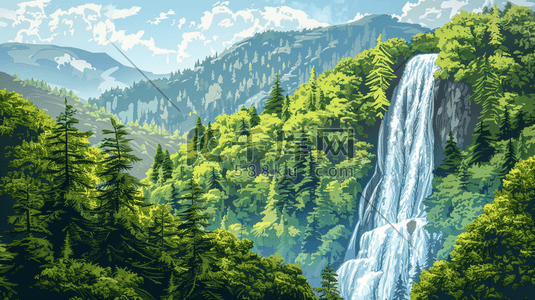 丛林溪水插画图片_夏季茂密的森林里的瀑布插画