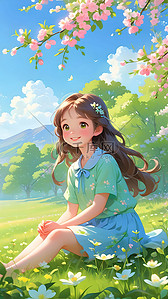 一个女孩坐在晴朗的草原上矢量插画
