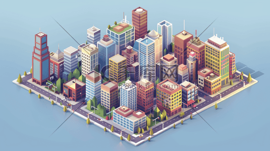 建筑模型插画图片_3D微型城市建筑与街道插画