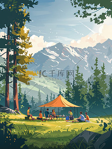 家庭露营帐蓬森林插画设计