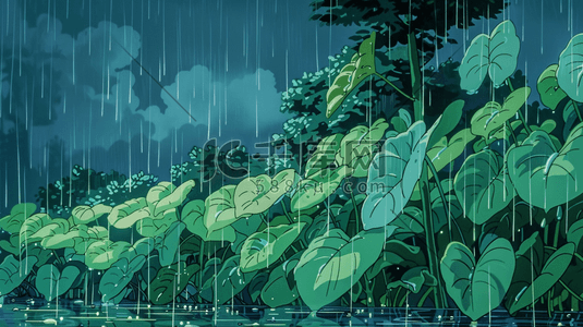 香蕉植物插画图片_雨中茂密的丛林插画