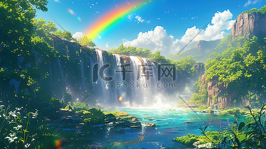 瀑布插画图片_郊外美丽的彩虹瀑布插画设计