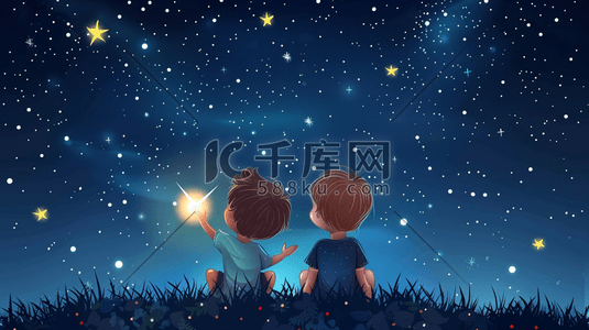 草地上观赏夜空星星的两个小孩插画