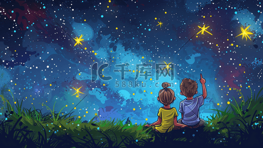圣诞两个插画图片_草地上观赏夜空星星的两个小孩插画
