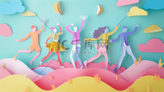 社团门牌插画图片_剪纸风人们集体跳舞庆祝插画