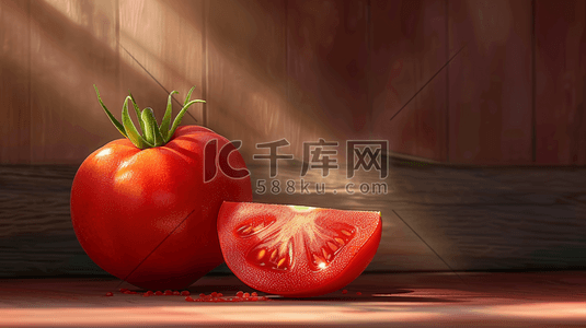 木质案板插画图片_红色西红柿写实插画