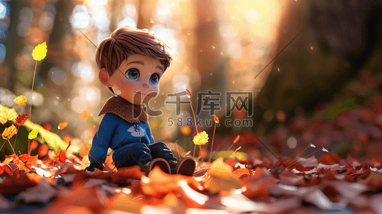 地面热气插画图片_3D坐在森林落叶地面上的小男孩插画