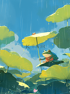 雨天躲在荷叶下小青蛙插画