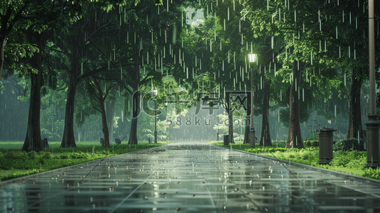 雨中森林公园步道插画