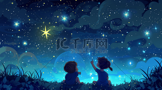 小孩做操插画图片_草地上观赏夜空星星的两个小孩插画