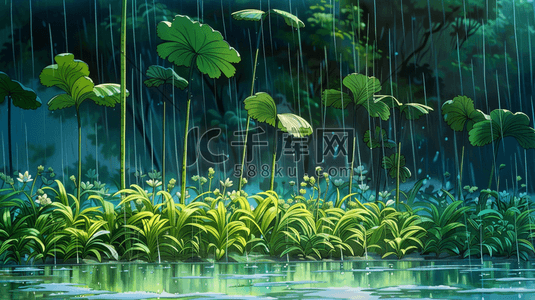 绿中插画图片_雨中茂密的丛林插画