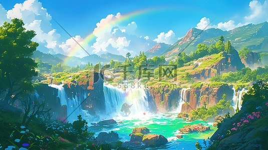 瀑布插画图片_郊外美丽的彩虹瀑布插画图片