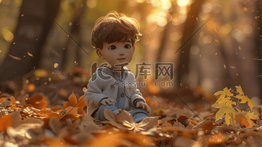 3D坐在森林落叶地面上的小男孩插画