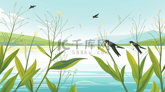 小鸟绿叶插画图片_春天湖泊旁枝叶上的小鸟插画