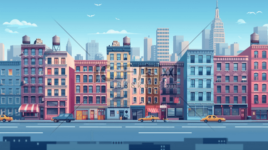 城市建筑高楼大厦插画图片_纽约街道与道路城市建筑插画