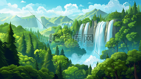 山水清泉风景插画图片_夏季茂密的森林里的瀑布插画