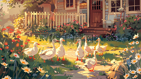 花园院子中的鸭子插画3