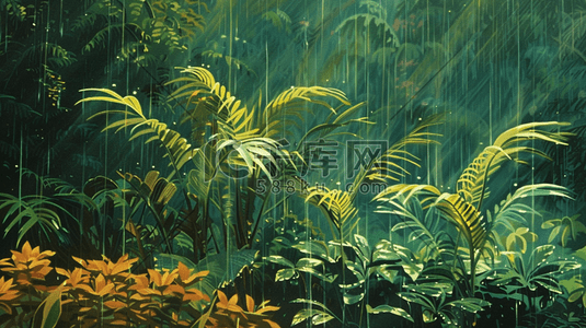 棕榈叶插画图片_雨中茂密的丛林插画