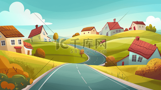 乡村公路插画图片_蓝天下蜿蜒的乡村公路插画