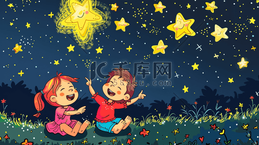 星星发光插画图片_草地上观赏夜空星星的两个小孩插画